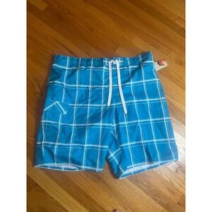 2012 OP Turquoise Plaid Cargo Swim Trunks 2XL Elastic Waist Back Pocket 2XL NWT